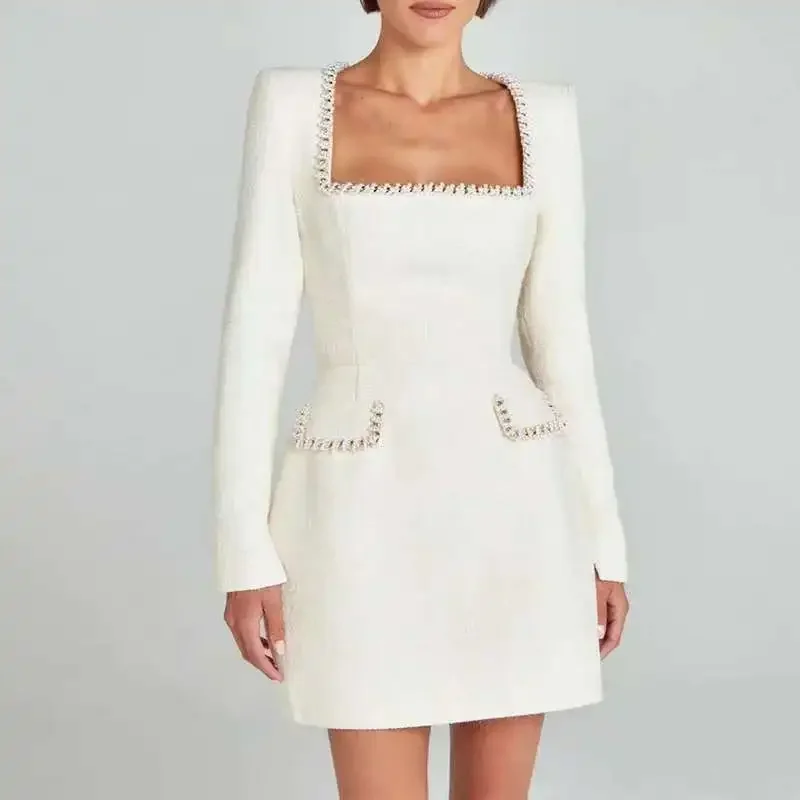 

Sexy Square Collar Solid Color Shiny Slim Fit Party Dress Women Elegant Temperament Sequin Bead Leisure Vacation Dresses 2025