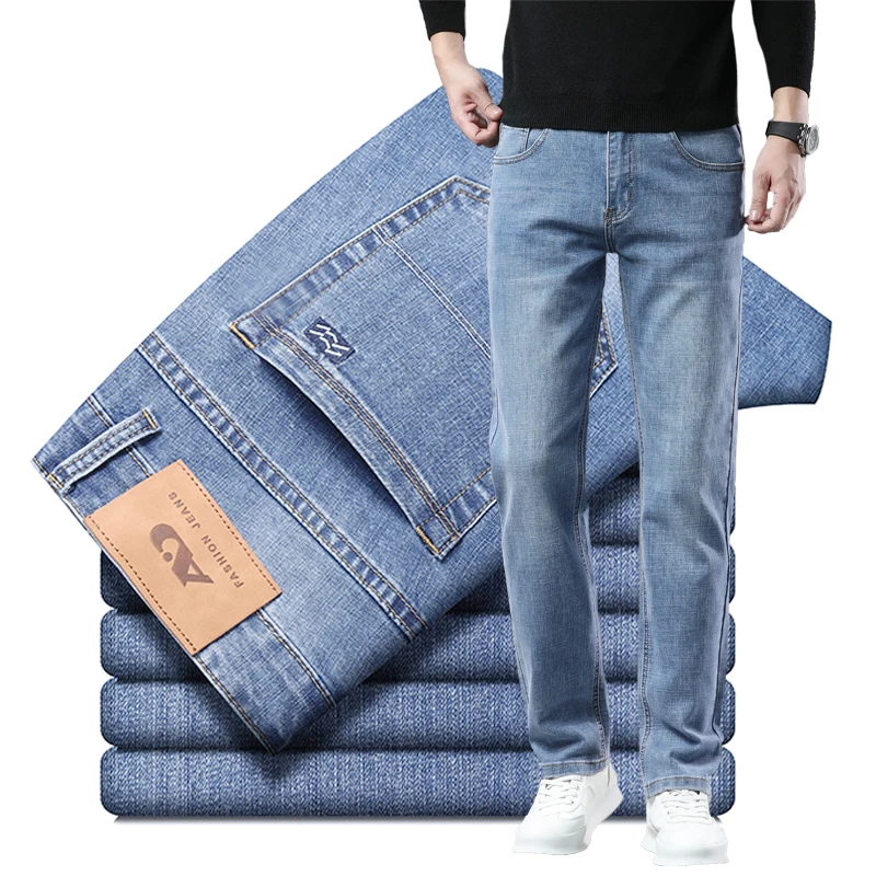 

Stretch Straight Jeans Men's Summer Clothes Ultra-thin Soft Business Pants Classic Blue Gray Cotton Denim Trousers