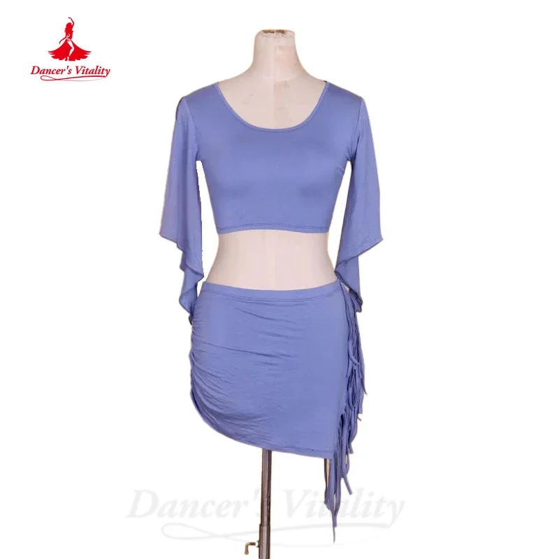 Ropa de práctica de danza del vientre para mujer, Top de manga corta Modal + falda, traje de danza Oriental femenina, conjunto de danza del vientre para niña, 2 uds.