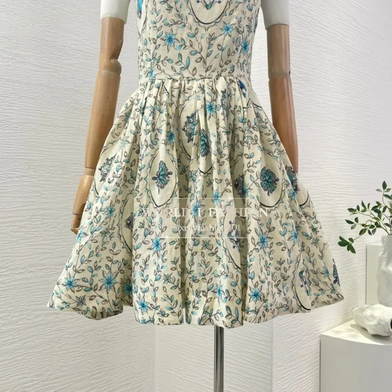 

Women's Multi Color Floral Leaf Print Square Collar Sleeveless Mini Dress
