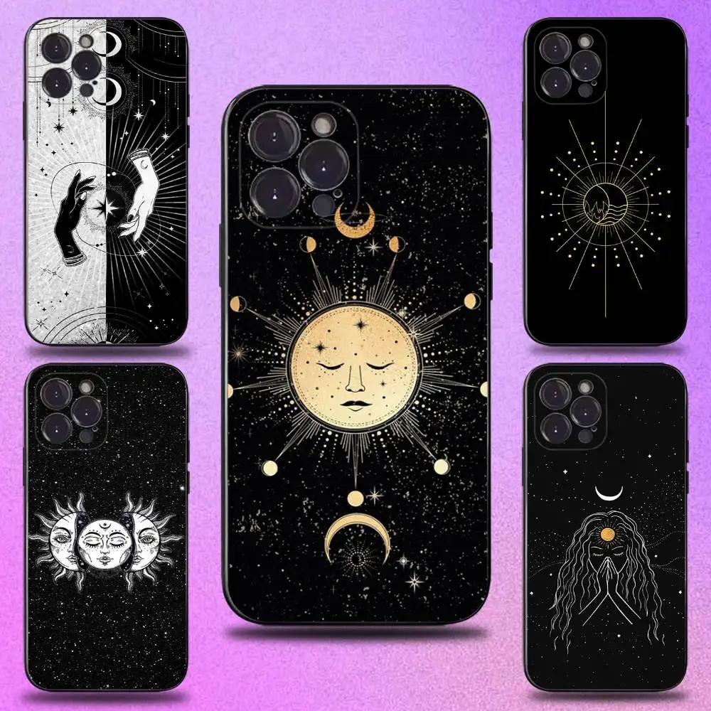 

Suns Moons Astrological Phone Case For iPhone 16,15,14,13,12,11 Plus,Pro Max,XS,X,XR,SE,Mini,8,7,Soft Silicone Black Cover