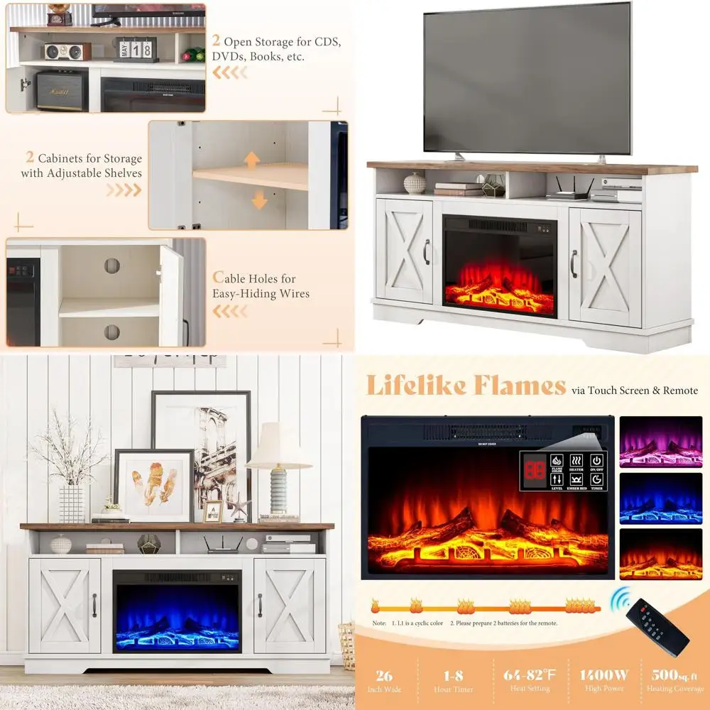 Mueble para TV 73 de roble rústico y blanco con 26 chimenea, estante ajustable, puertas de granero para entretenimiento en el salón