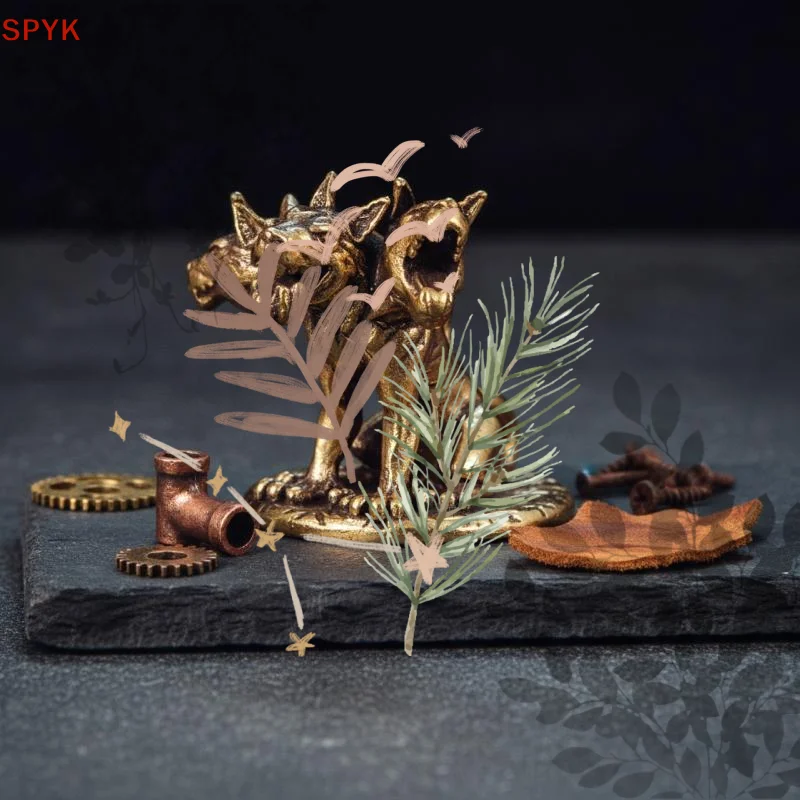 Three Headed Wolf Miniatures Figurines Brass: Mythology Animal Small Statue Desktop Ornaments Crafts