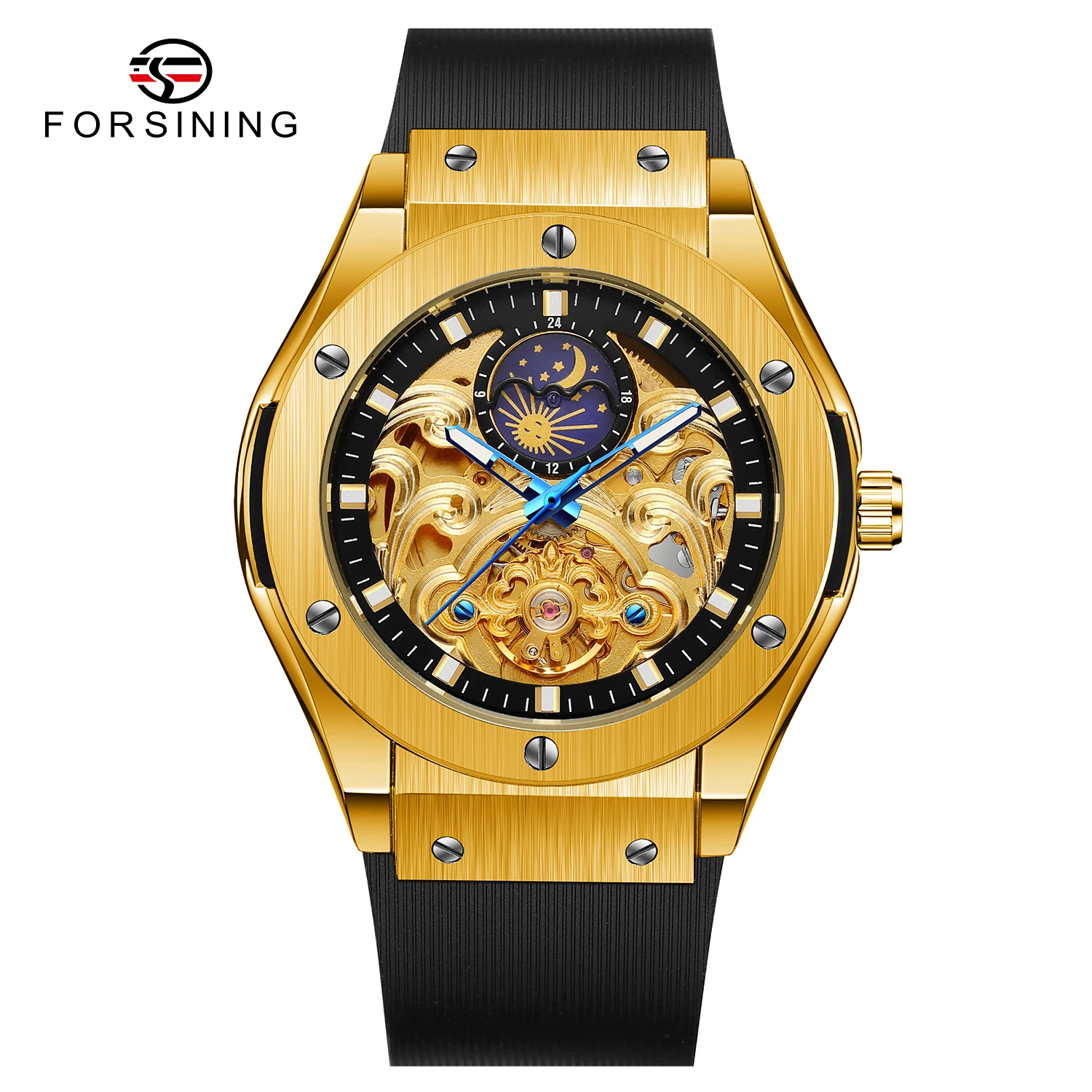 

Luxury Brand Royal Style Tourbillon Automatic Wristwatch Skeleton Mechanical Men Watch Silicone Strap Moon Pash Display Dial