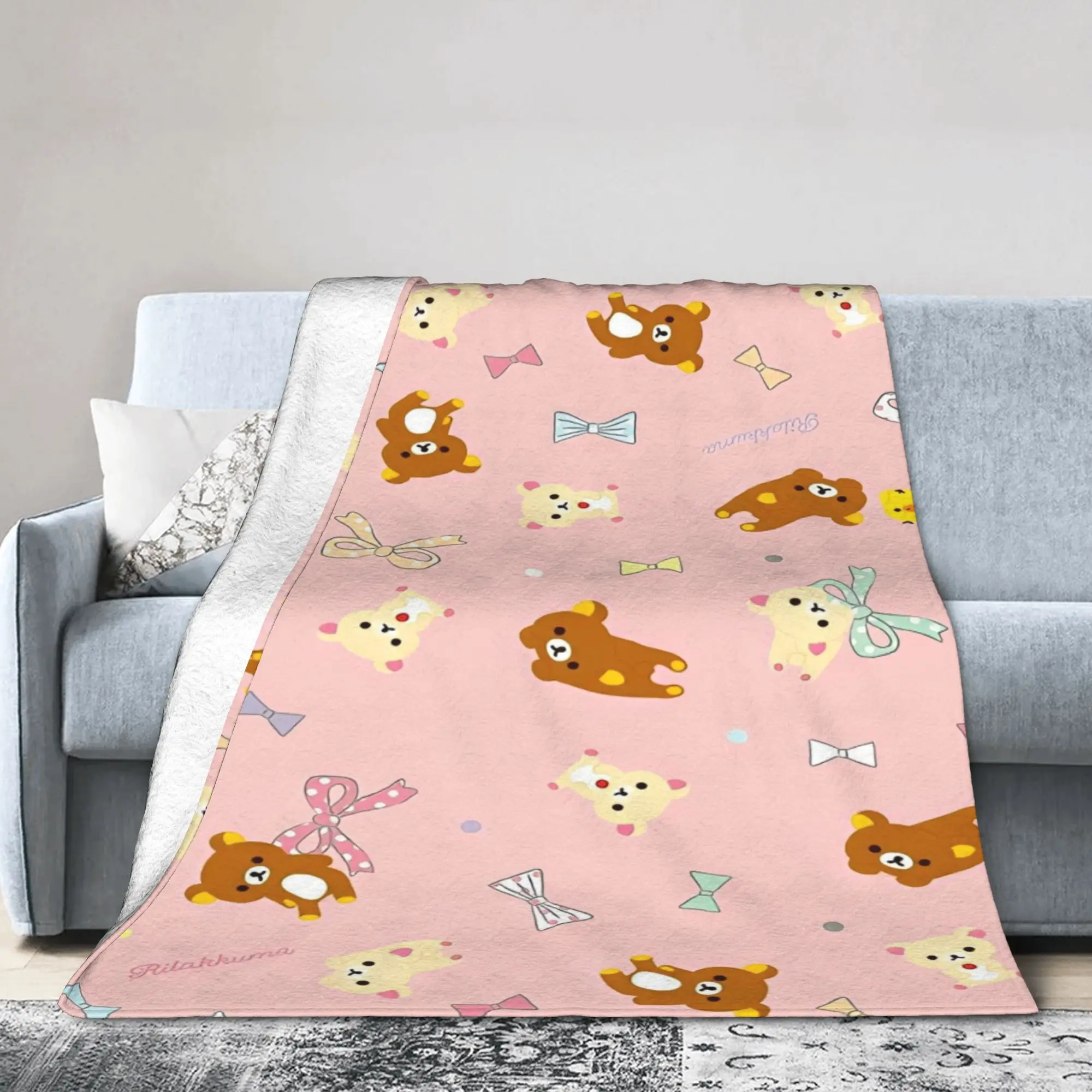 

Rilakkuma Bear Cartoon Blanket Flannel Air Conditioning Portable Ultra-Soft Throw Blanket for Sofa Bedroom Bedding Throws