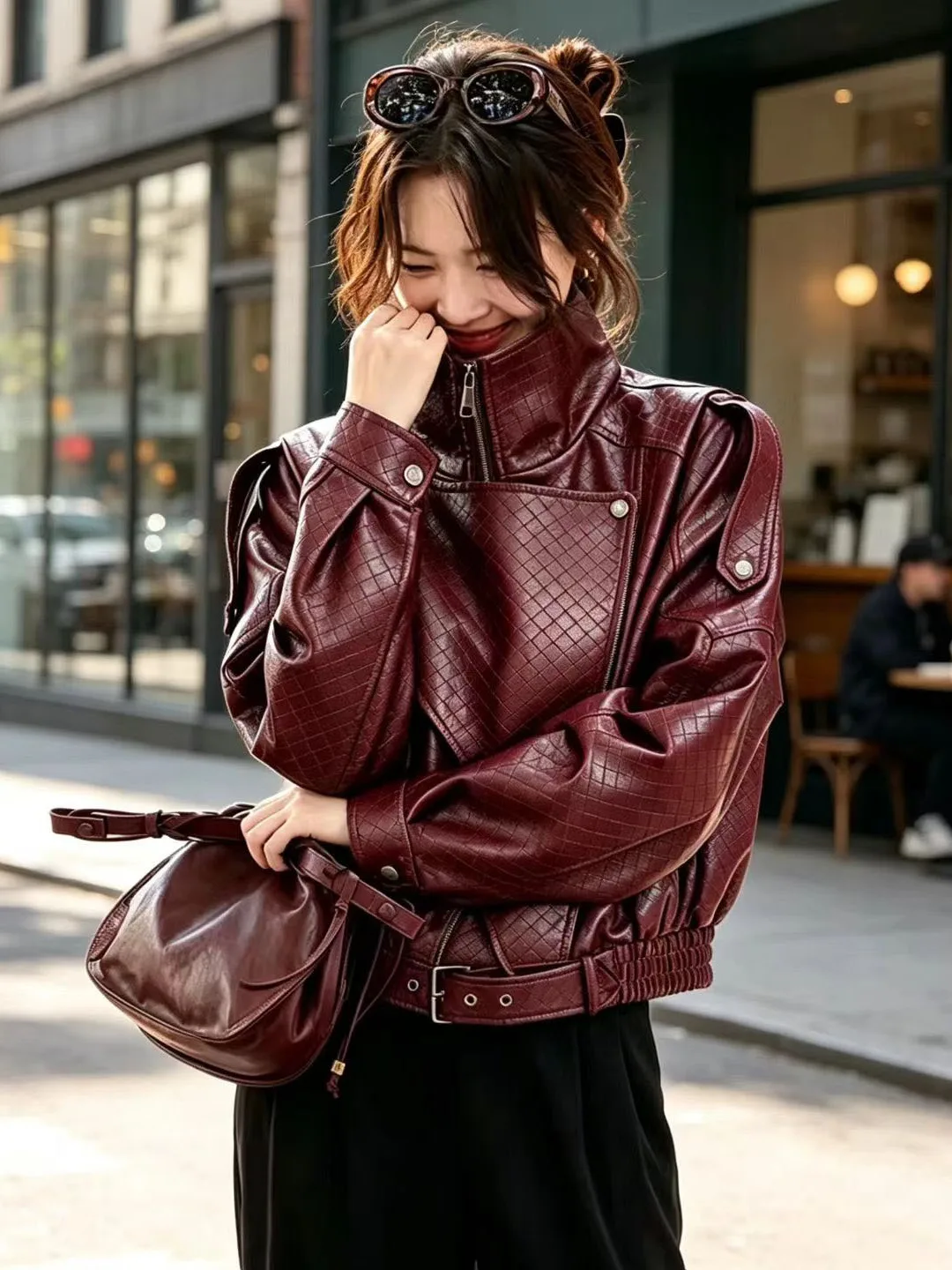 Retro American Biker Style Coffee Leather Jacket Women's Fashionable Streetwear Small Size Design Autumn New Arrival