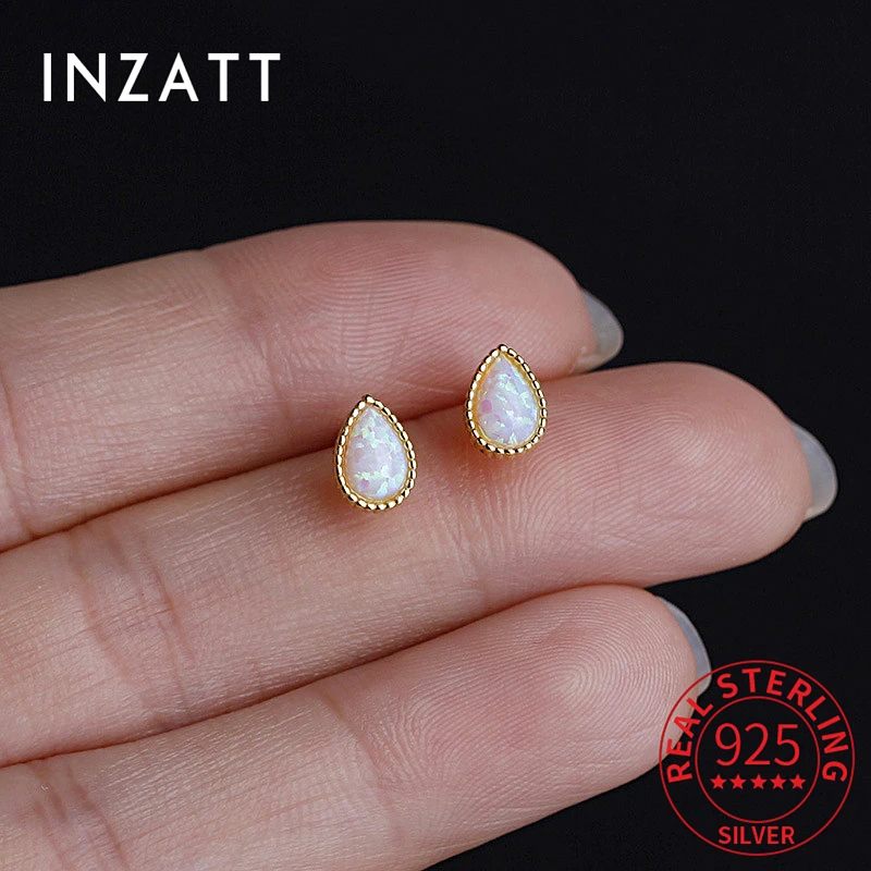 

INZATT Real 925 Sterling Silver Opal Waterdrop 14K Gold Stud Earrings For Women Cute Fine Jewelry Minimalist Accessories