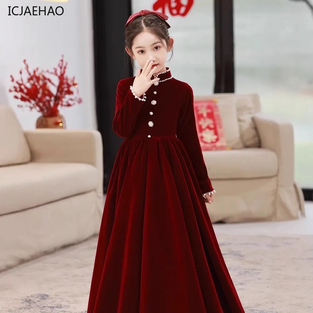 Flower Girl Wedding Dress Little Kids Gown 2025 Spring New Long Sleeve Performance Outfit Piano Recital Dress Childrens Clothes