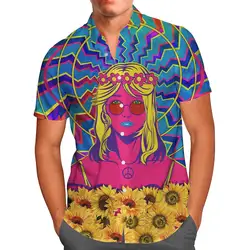 Hippie Girl With Sunflower Shirt 3D Hawaiian Men Summer Short Sleeve Shirts 2024 Oversized 5XL Chemise Homme