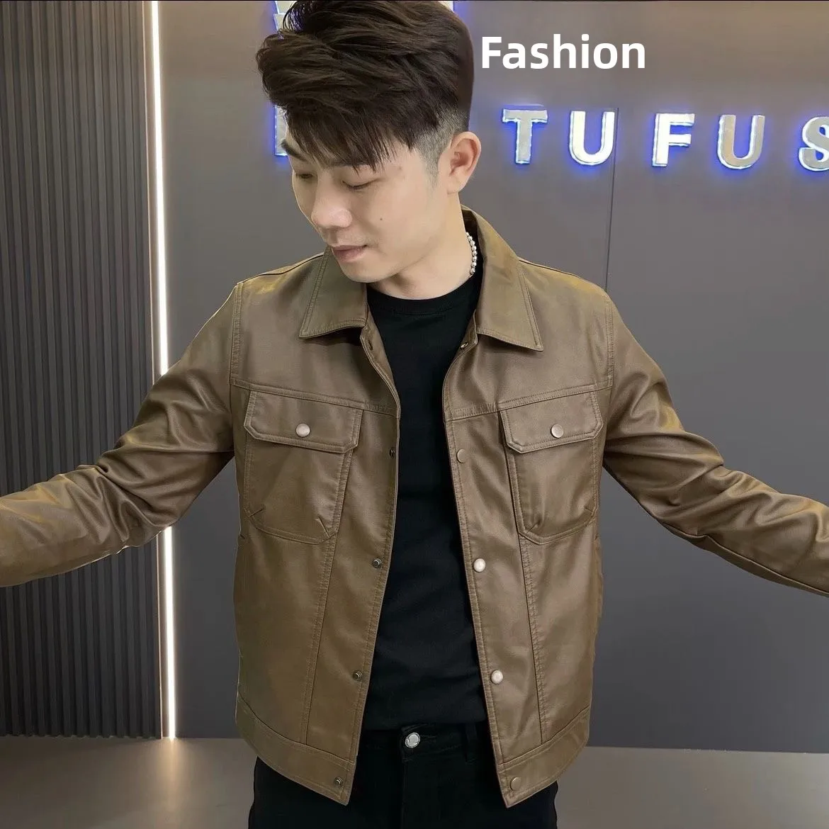 

Sli Slim Fit Байкерская кожаная куртка Мужская повседневная модная кожаная куртка с отложным воротником Осеннее молодежное пальто Vitali Sle Single Bu...