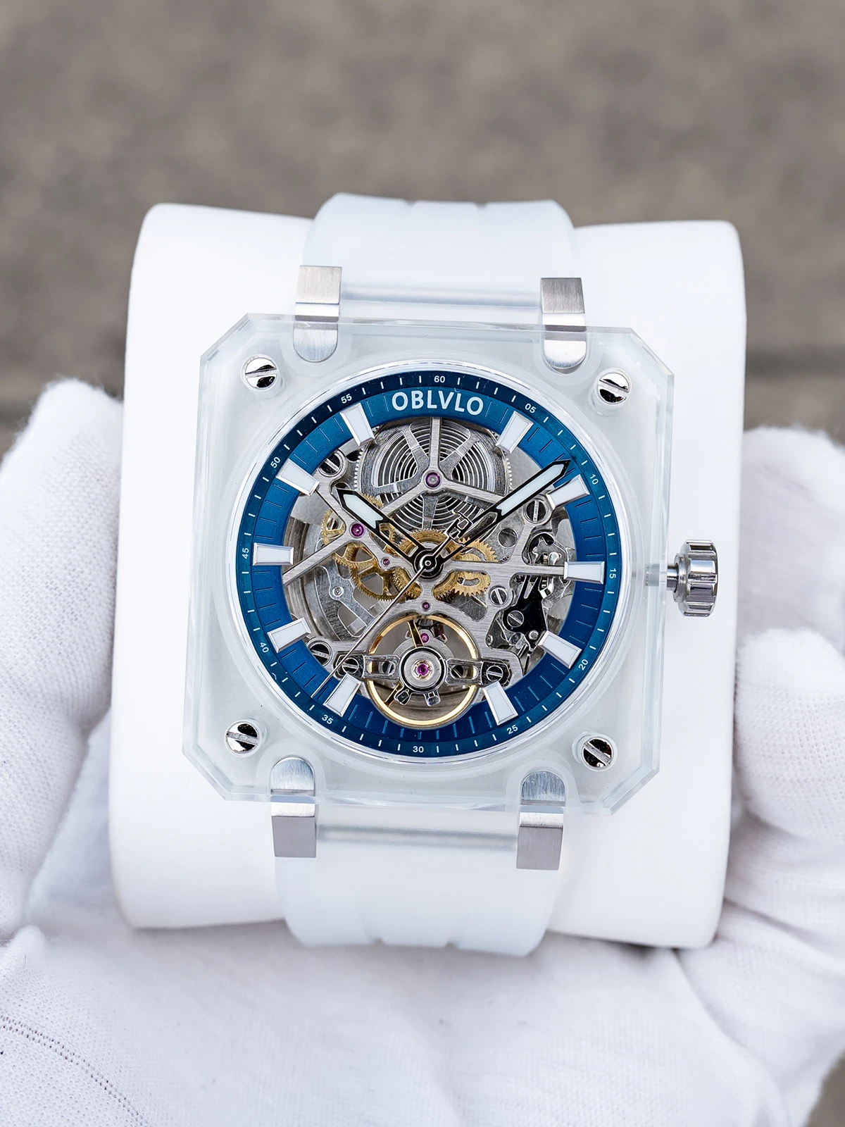 OBLVLO ساعة أوتوماتيكية للرجال مربعة الشكل من الأكريليك ساعة يد ميكانيكية 5ATM مقاومة للماء ياقوت مضيئة هيكل عظمي قرص 1A00 Mov.
