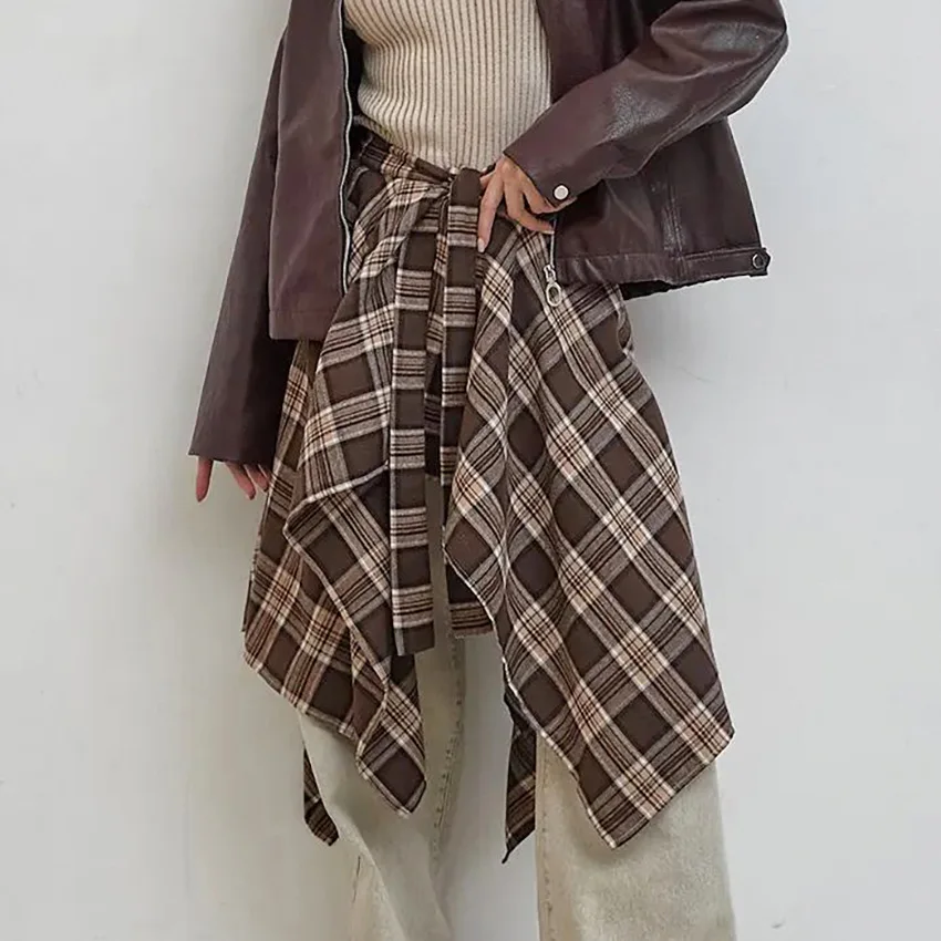 

2025 Autumn New Retro Plaid Lace-Up Wrap Skirt with Design Sense, Elegant, Fashionable, Casual Commuter