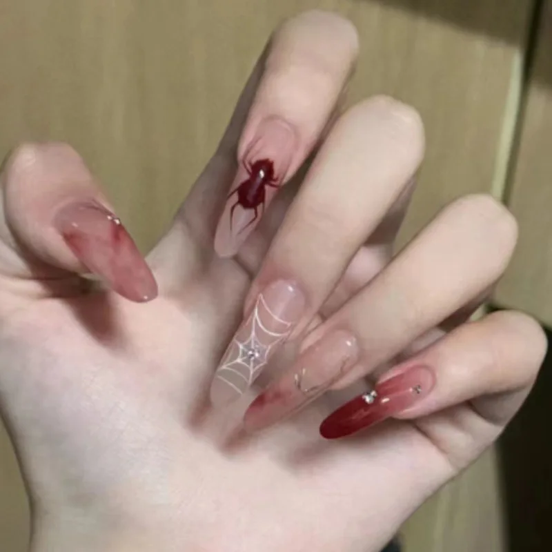 

24PCS Halloween Fake Nails Witchy Blood Red Press on Nails Spider Web Nail Stickers Long Claws with Gems for Party