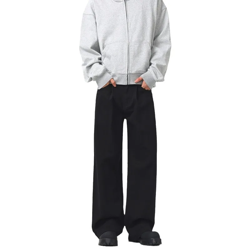 

Мужские повседневные брюки в стиле ретро с высокой талией, прямые брюки из хлопка, весенняя мода, городские брюки, черные, белые, базовые цвета