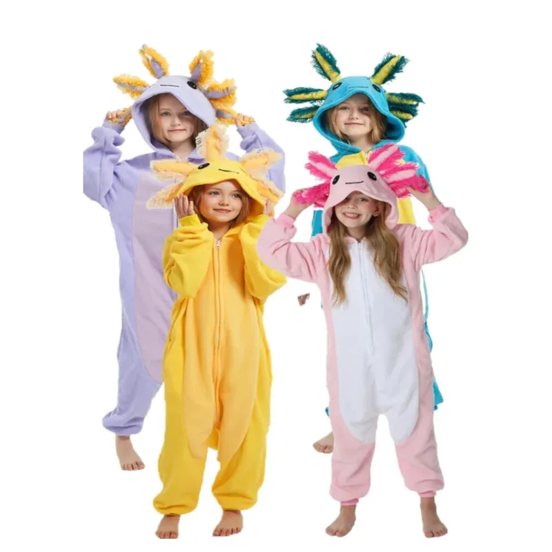 

Kids Pink Newt Cute Cartoon Cosplay One Piece Pajamas Baby Animals Halloween Boys Girls Yellow axolotl Kigurumi Anime Pajamas