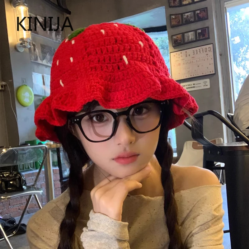 Cute Handmade Crochet Skull Hat Outdoor Women Strawberry Funny Knitted Hat Warm Bucket Caps Winter Ski Cap Lotus Leaf Edge Cap