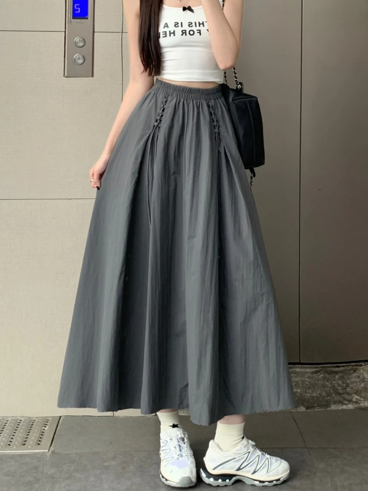 

Qiukichonson 3XL High Waisted Front Lace-Up Mid Long Skirts Women Goth 2025 Spring Summer A-Line Ruffle Pleated Plus Size Skirt
