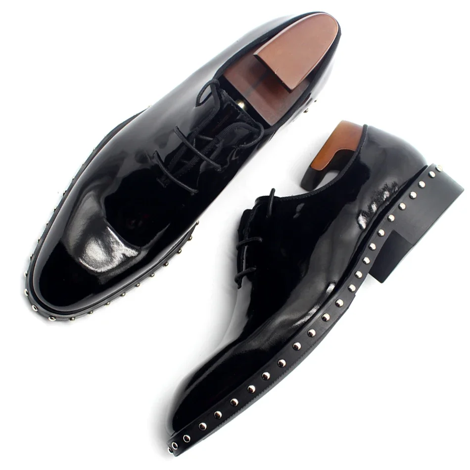 

Business Casual Leather 2024 Dress Leather Shoes Officially Bright Black Leather Lace-up Hook Rivet Men's Shoes