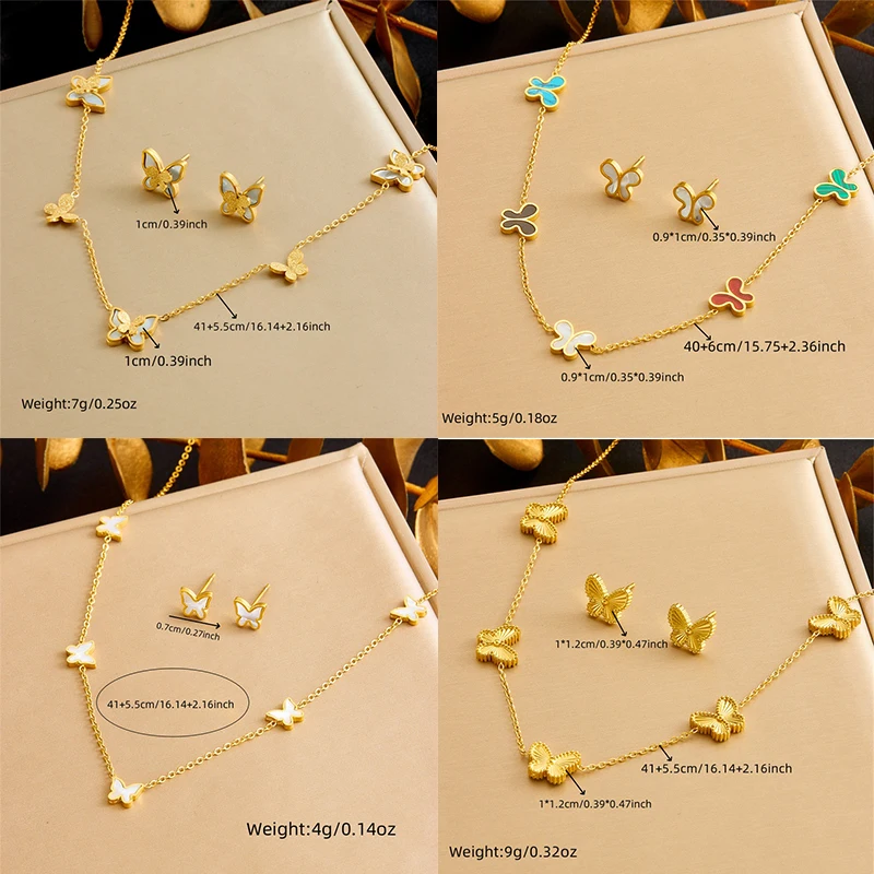 DIEYURO 316L Stainless Steel Golden Elegant White Seashell Butterfly Series Set Necklace Earrings Bracelet Trend Jewelry Gift
