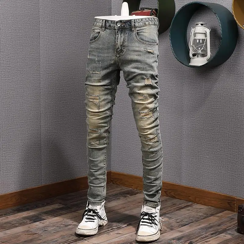 

Высококачественные модные мужские джинсы в стиле ретро 2023 года, стираные, эластичные, перфорированные, ностальгические, облегающие и брюки на небольшую ногу.