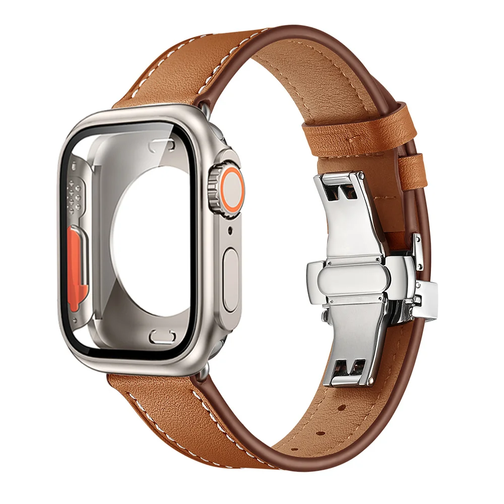 

Upgrade Case+Leather Strap For Apple watch band 44mm 40mm 45mm 41mm change to ultra 49mm cover+bracelet iwatch series 4 SE 6 7 8