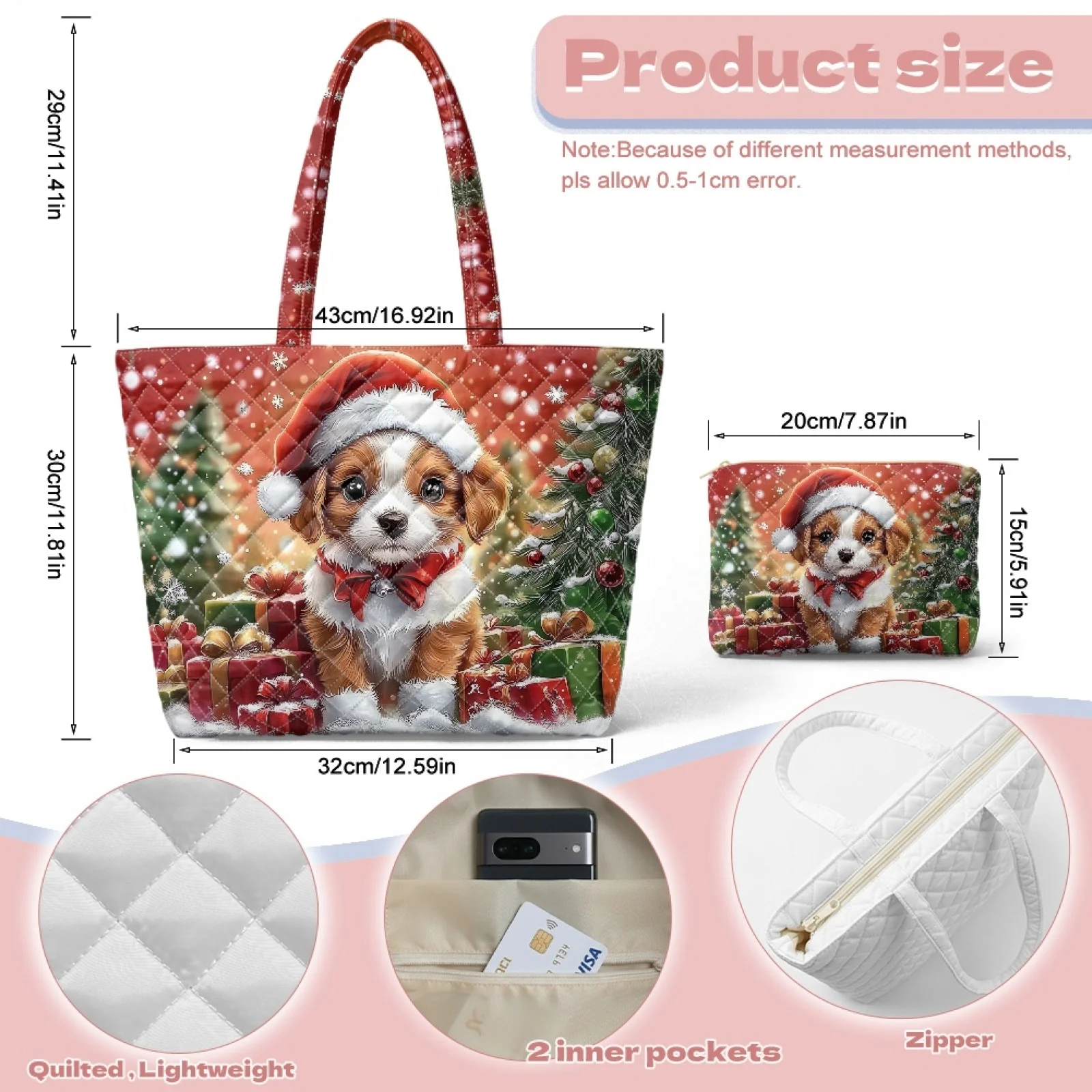 Coloranimal Christmas Puppy 2 Pack Set Quilted Shoulder Bag with Storage Bag, Zipper Closure Tote Bag with Matching Cosmetic Bag