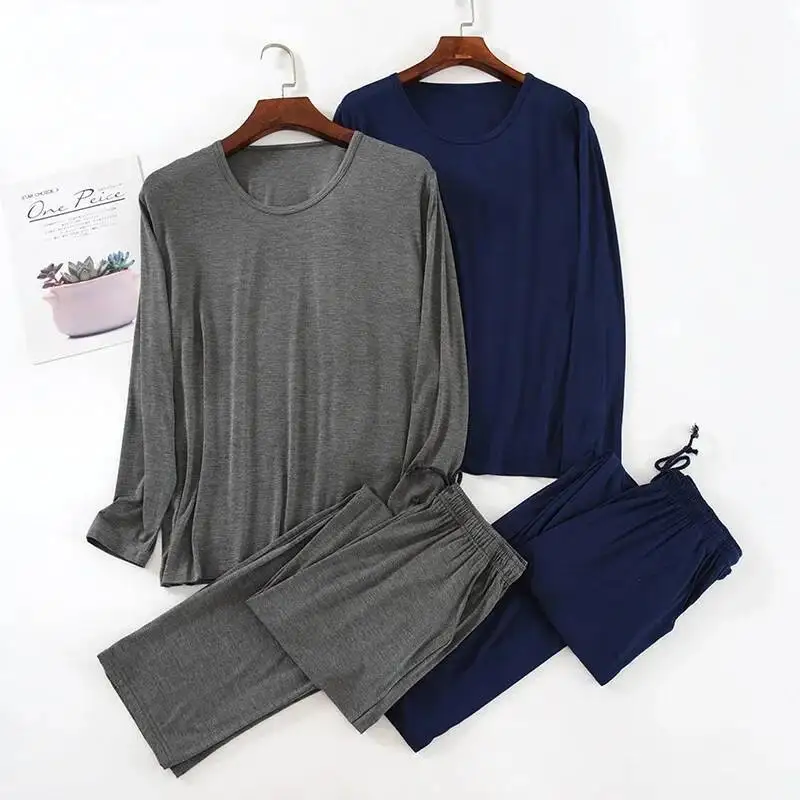 

Весенне-осенние мужские модальные вискозные длинные брюки с тонкими рукавами, пижамы, пуловеры, топы, однотонные костюмы из двух предметов, пижамы для мужчин