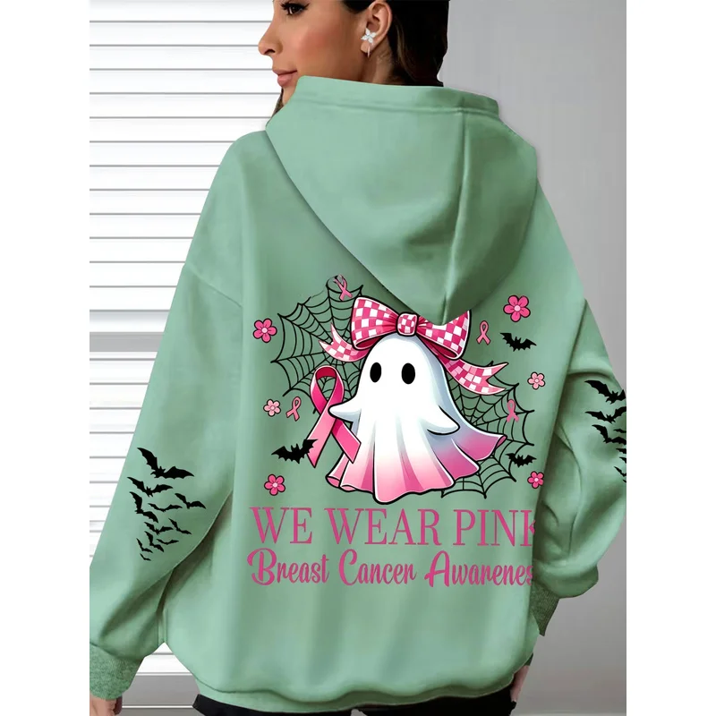 {Holiday targeting-Global Breast Cancer Prevention and Awareness Month}Standard Size Women's Hoodie - Pink Ghost with Pink Ribbo