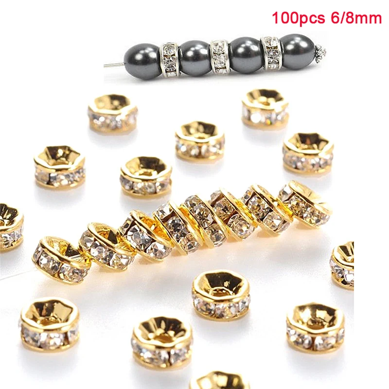 100pcs 6/8mm Rondelle Disc 316 Stainless Steel Crystal Spacer Beads With Rhinestone For Jewelry Making DIY Bracelet