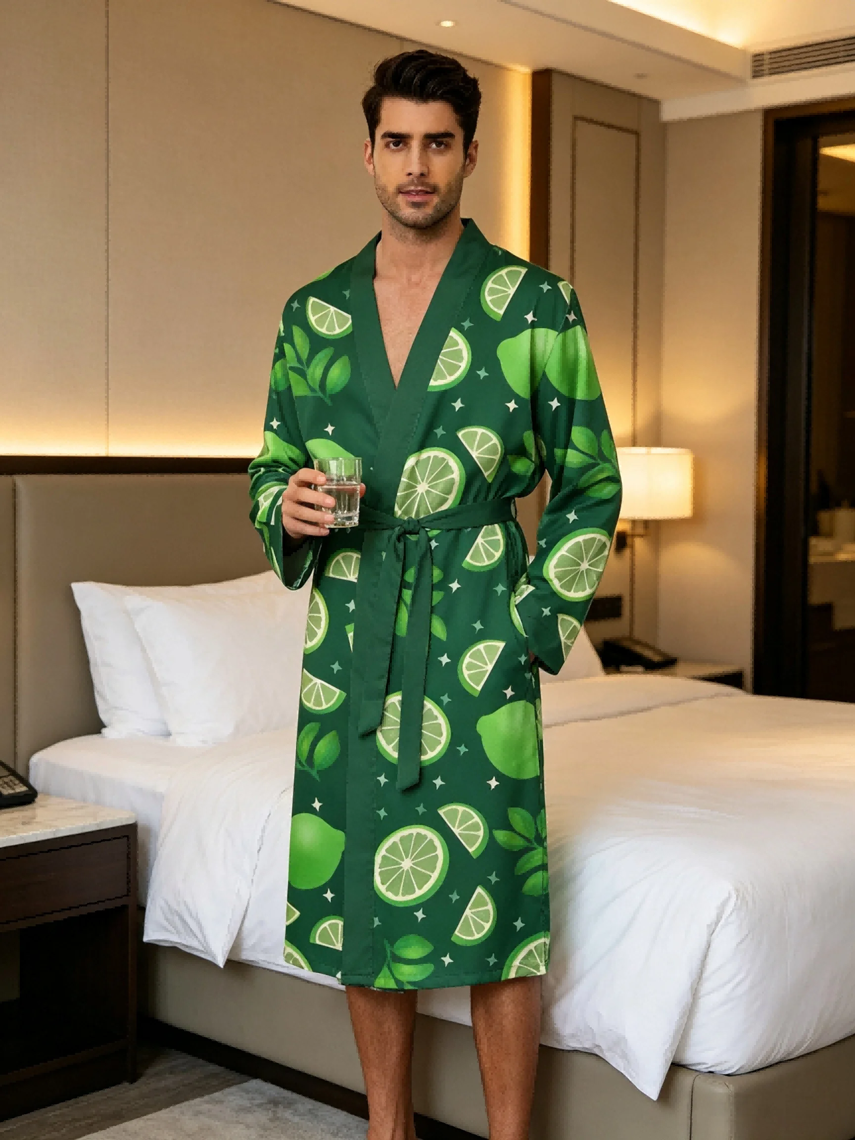Men's lightweight quick-drying pajama bathrobe - 3D digital printing, non-fading design, stand-up collar and adjustable waistban