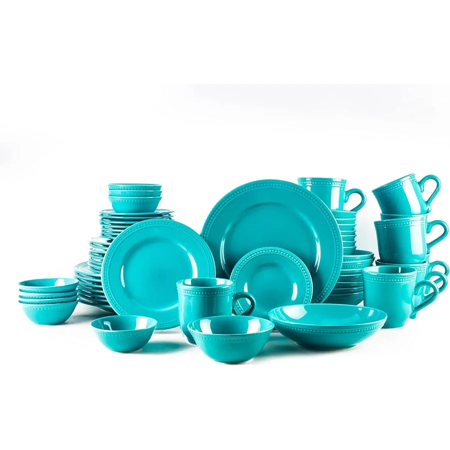 طقم أواني طعام من الخزف الحجري بنقاط لؤلؤية طقم فيروزي 56 قطعة #1