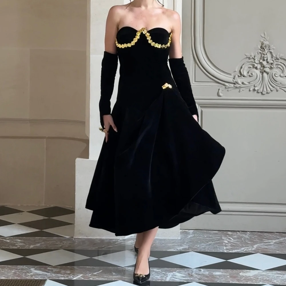 

Customized A-lien Evening Dresses Tea-length Strapless Half Sleeve Prom Gown Fashion Sequined Simple Draped Backless Party Gown