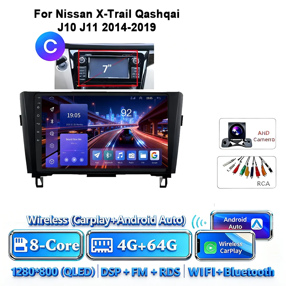 8-Core Android 17 2Din autoradio voor Nissan X-Trail Qashqai J10-J11 2014-2019 draadloze Carplay 4G GPS DSP BT dubbele lens