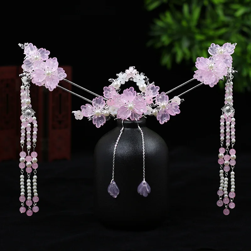 Chinese Wedding Jewelry Set Floral Tassel Hair Stick Fork Girls Retro Hanfu Decor Hair Clip Classic Tiaras Earring Jewelry Set