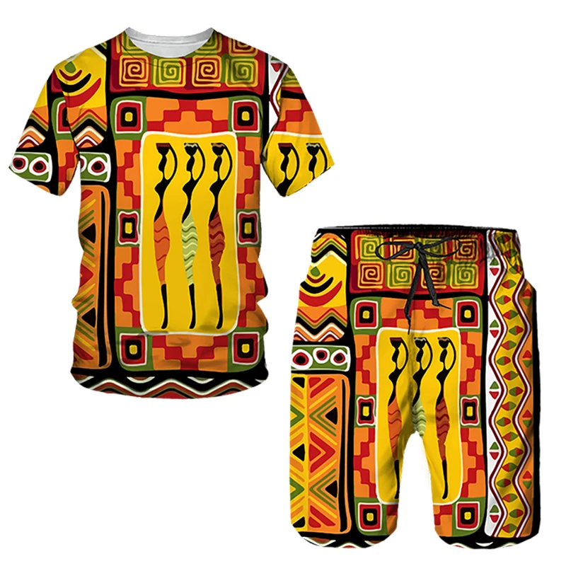 African Ethnic Style Men\'s T-shirt Sets 3D Print Tracksuit T Shirts Shorts 2 Pieces Streetwear Male Oversized Suits Sportswear