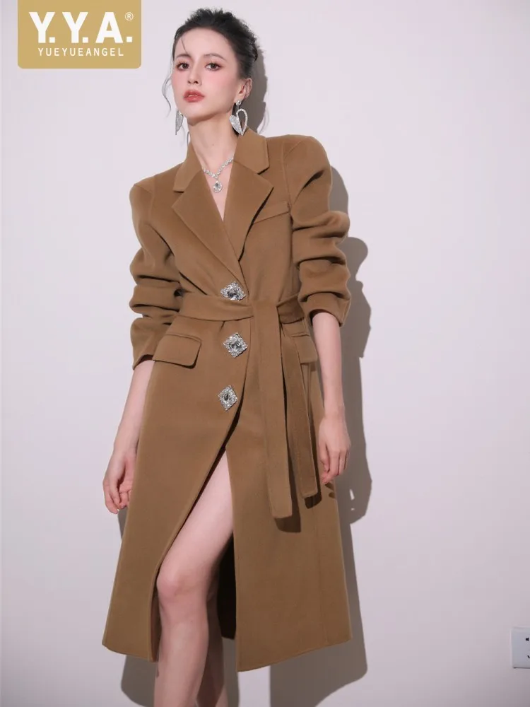 Designer Women Single Breasted Double Sided Wool Turndown Collar Long Sleeve Sashes Coat Fashion Ladies Winter Jacket Outerwear