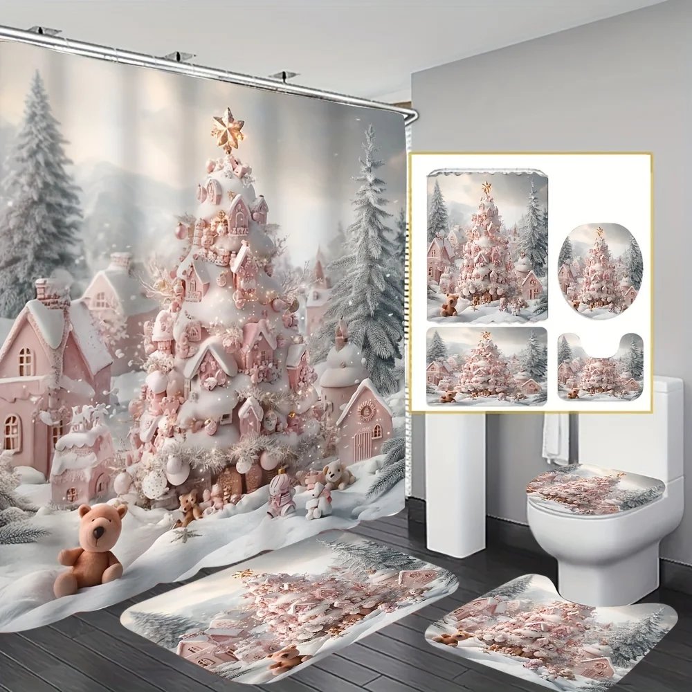 4Pcs Christmas Tree Shower Set, Bathroom Decor Set with Curtain, Non-Slip Mat, Toilet Cover & 12 Plastic Hooks, Home Accessories