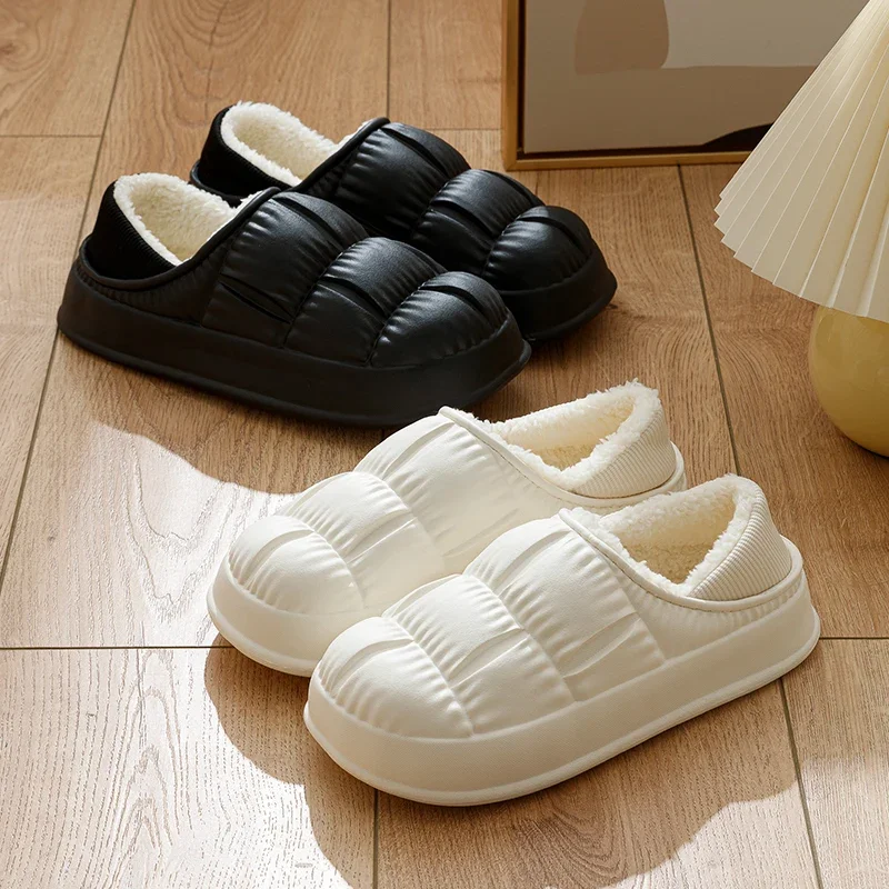 New Couple Winter Warm Waterproof Soft Lithe Fluffy Slippers For Women Men Wrap Heel Antiskid Ladies' Home Casual Cotton Shoes