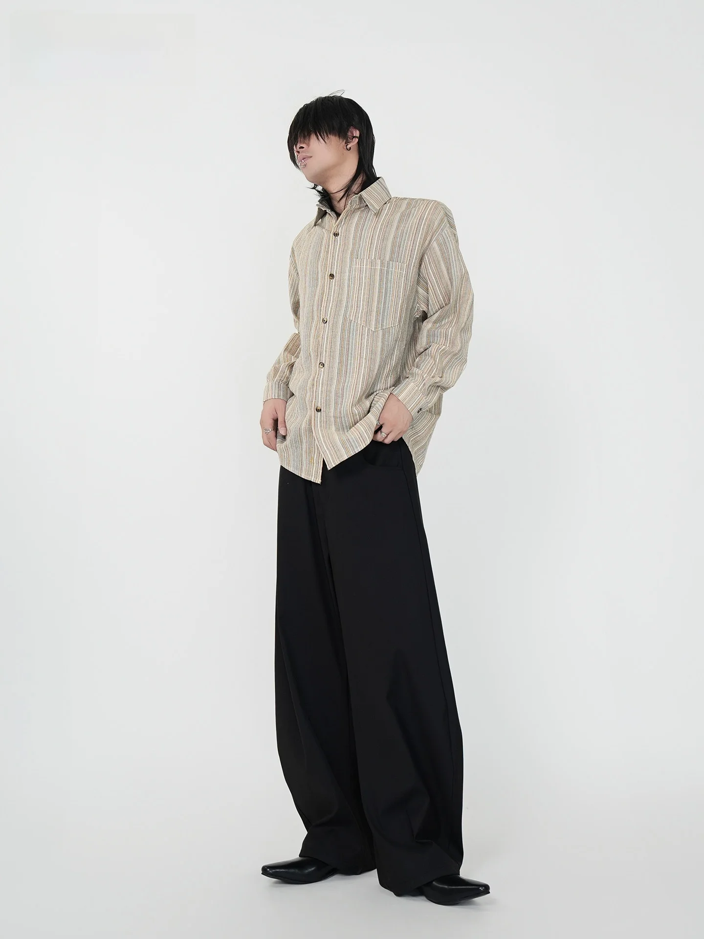 

VE2 Japanese Lazy Sle Large Size Striped Retro Long Sve Casual irt ex Loose Fit Open Cardigan Trendy Cotton Polyester