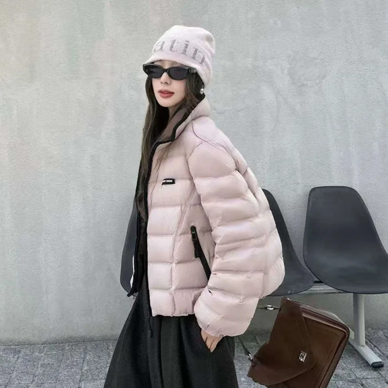 Winter White Duck Down Fluffy Zipper Outwears Women Stand Collar Color Blocking Down Jacket Female Thick Warm Cold Proof Jacket
