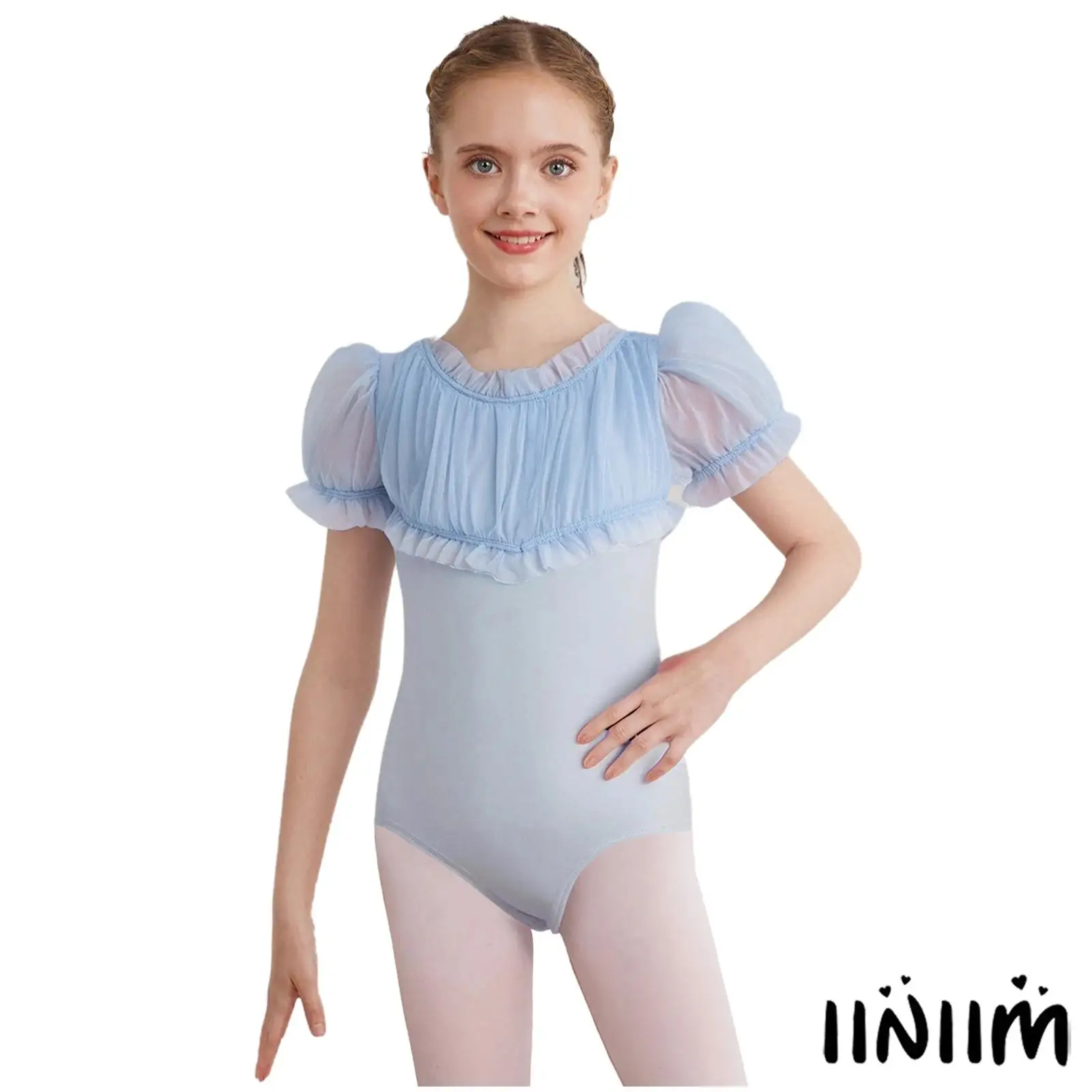 

Kids Girls Gymnastics Ballet Dance Leotard Ruffled Neck Ruched Sheer Stretch Ballet Practice Wear for Figure Skating Performance