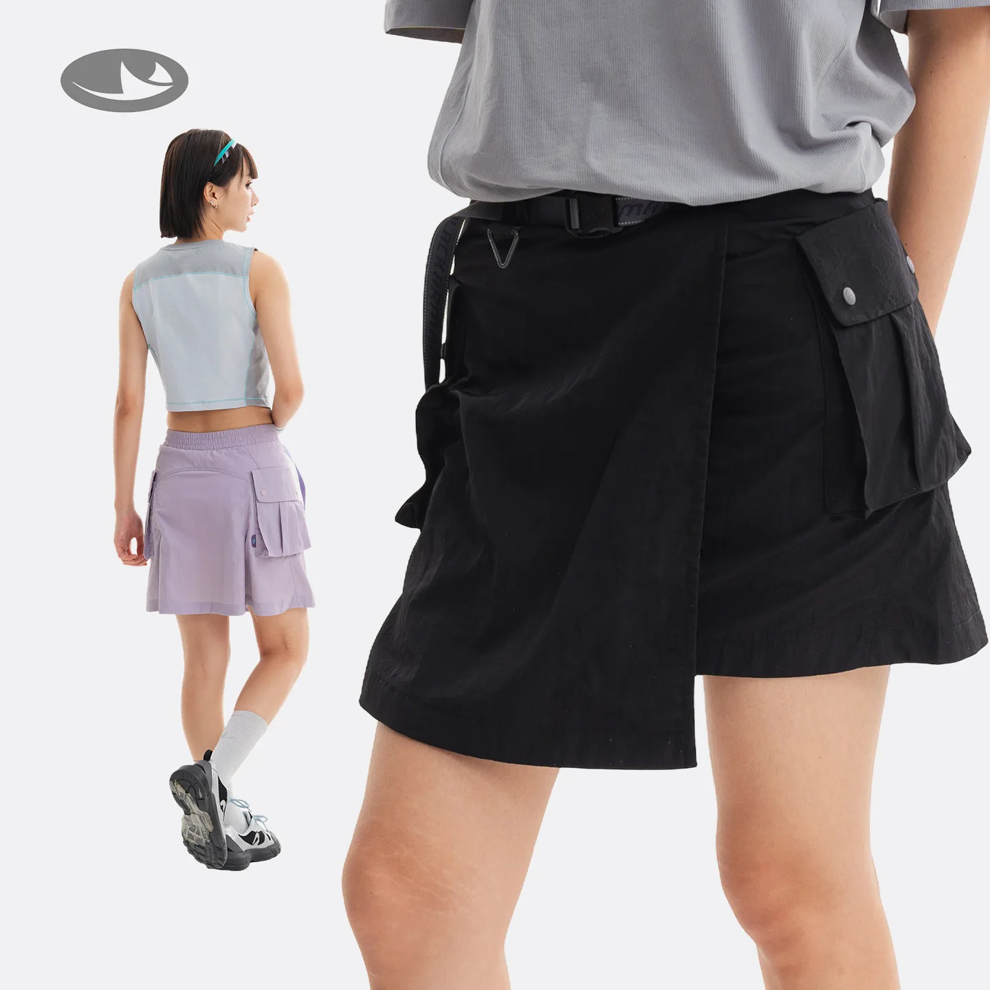 Women Polyamide Cargo Mini Skirt A Line Wrap Front Elastic Waist Buckle Belt Flap Pockets Casual Summer Outdoor Short Skirt