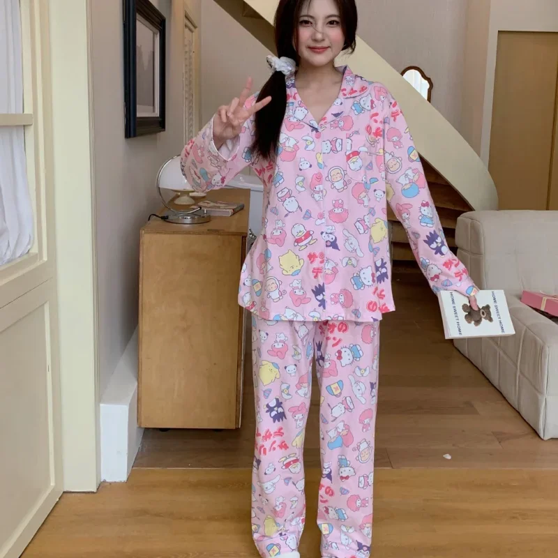 Sanrio's new Hello Kitty silk pajamas female cute cartoon casual comfortable cool breathable pure cotton home pajamas set