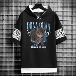 Harajuku T Shirt for Men Korean Fashion Streetwear Hoodie Graphic T Shirts Patchwork Short Sleeve Blouse Casual Men Clothing