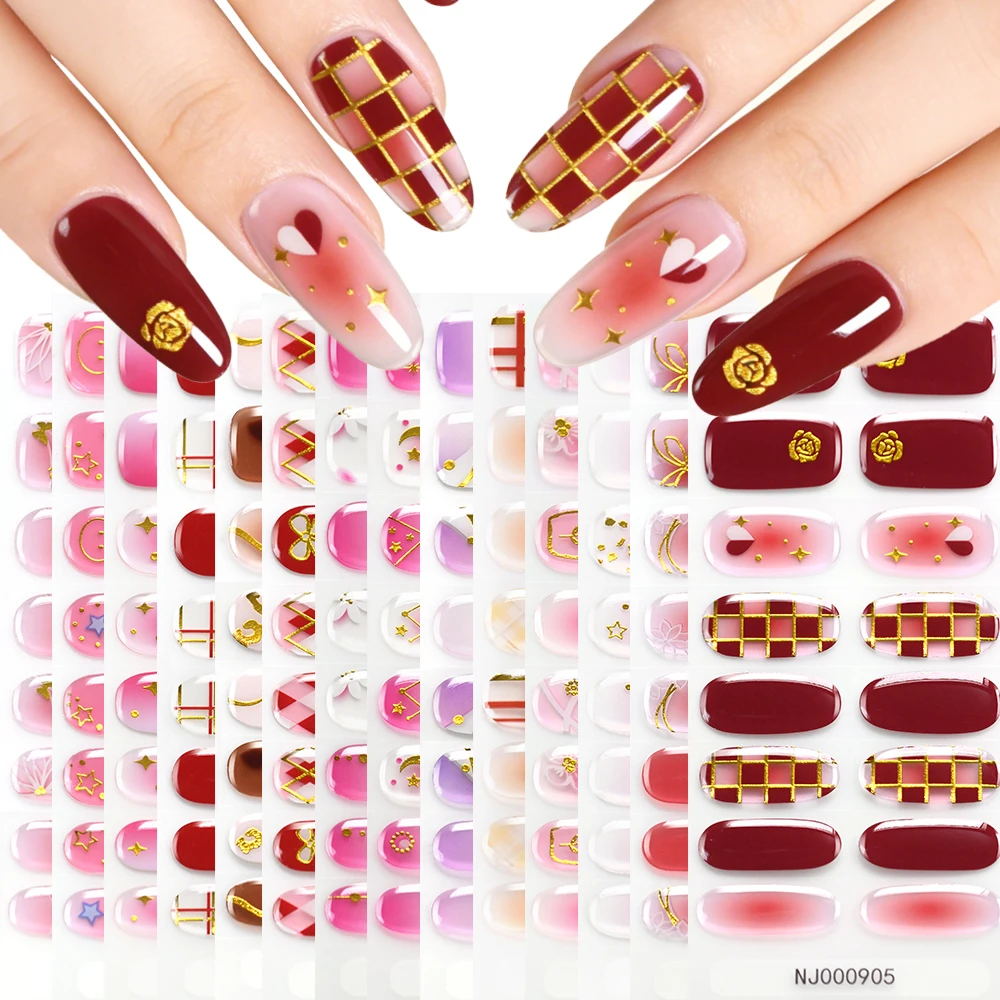 16Tips Gradient Semi Cured Gel Nail Strips Blush Flower Design Full Wrap Nail Decals French Gold Lines Gel Nail Polish Sticker