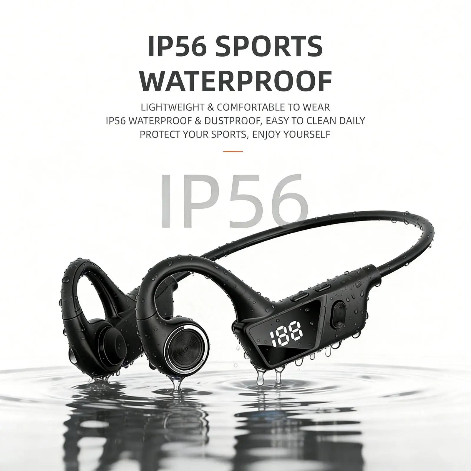 

Wireless Bluetooth Bone Conduction Earphones IP56 Sweatproof Painless Wearing LED Digital Display Neckband Headset for Sports