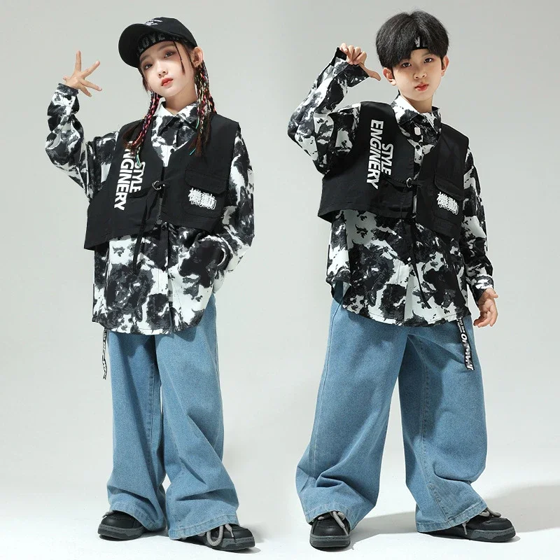 

New Jazz Dance Costumes for Kids Loose Shirts Denim Pants Street Dance Wear Boys Girls Ballroom Hip Hop Dance Rave Clothes Sets