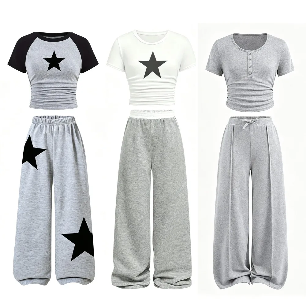 Girls Star Print 2pcs Outfit Short Sleeve Top+Wide Leg Pants Kids Casual Tracksuit Teen Streetwear Summer Children Clothing Set