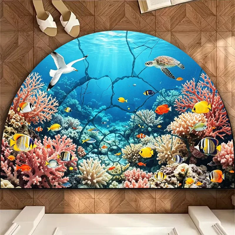 VIKAMA Half Round Coral Reef Fish Doormat 3D Visual Non Slip Absorbent Front Door Mat Underwater World Home Decor Entrance Rug