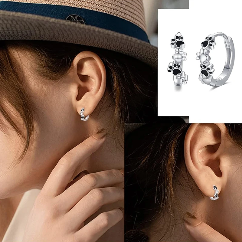 Huitan Pet Footprint Women Hoop Earrings Cute Small Circle Earrings Love Cat/Dogs Paw Design Accessories Gift Statement Jewelry